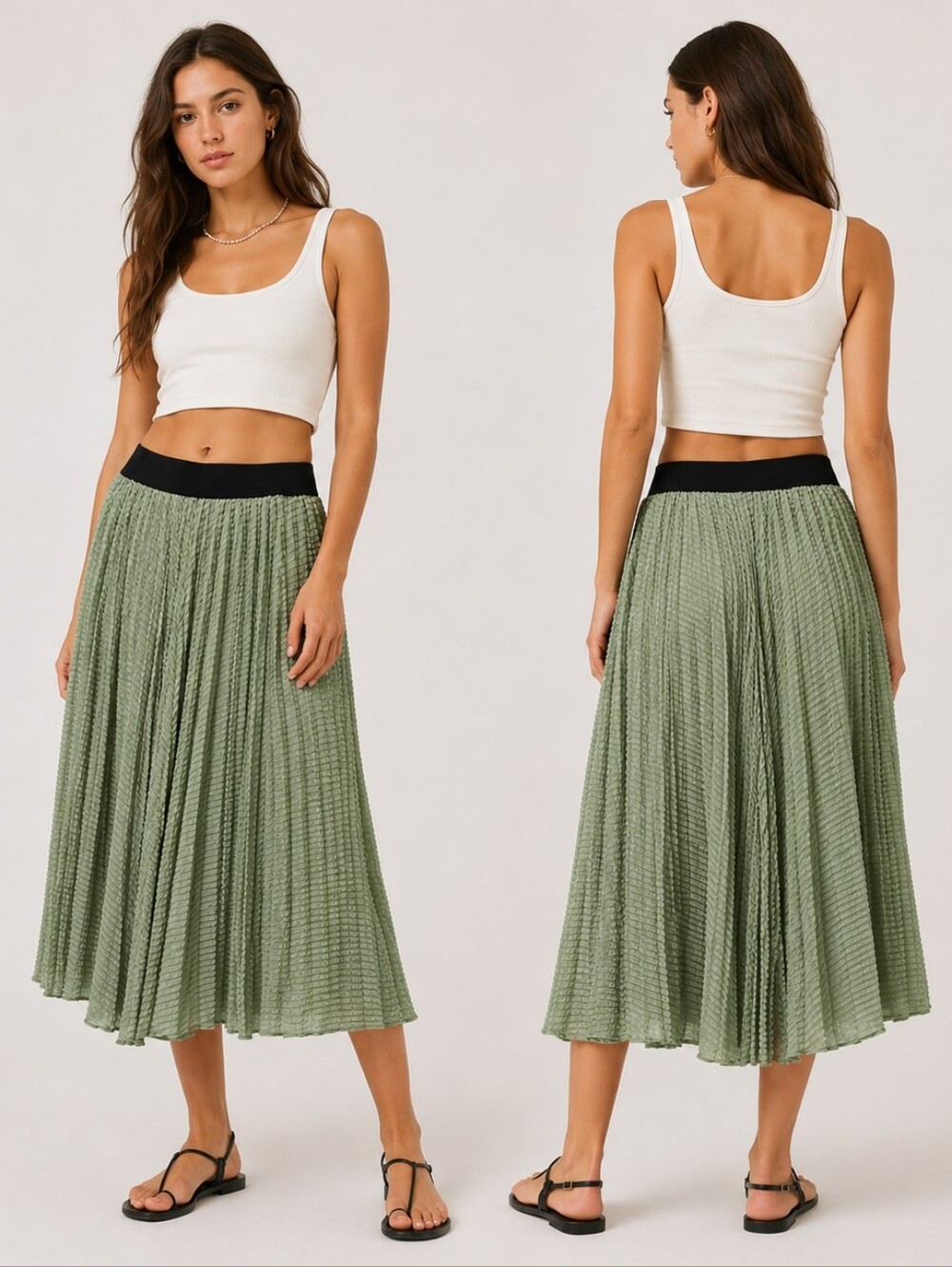 NWT Kathy Cole Sage Green Textured Pleated Midi Maxi Skirt Pleated Crinkle Sz XL